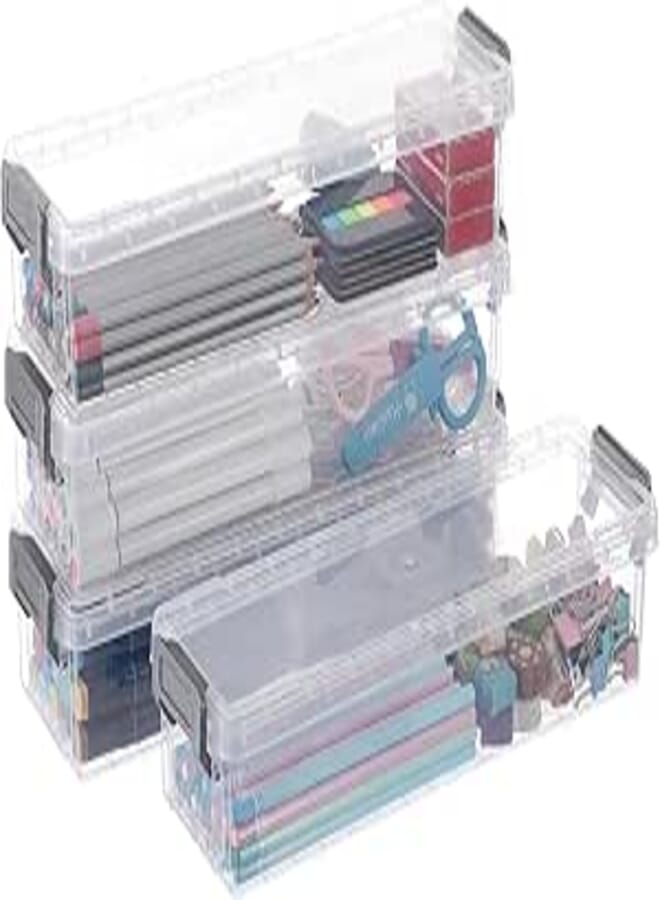 BTSKY Long Plastic Stackable Box Home, Office Supplies Storage Organizer Box Pencil Box Plastic Organizer Holder for Gel Pens Erasers Tape Pens Pencils Markers etc- 4 Pack - Clear with Grey Clip